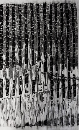 Cees Smit grafiek De sluis. Lino, collage op papier op katoen. 100x70 cm.